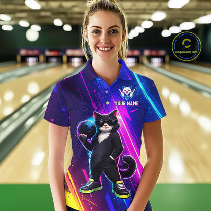 Personalized Neon Funny Cat Bowling Team Shirt for Women Bowling League Jersey Polo & Quarter-Zip Bowling Outfit QZT916