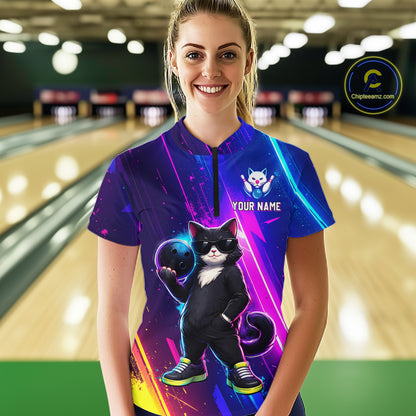 Personalized Neon Funny Cat Bowling Team Shirt for Women Bowling League Jersey Polo & Quarter-Zip Bowling Outfit QZT916