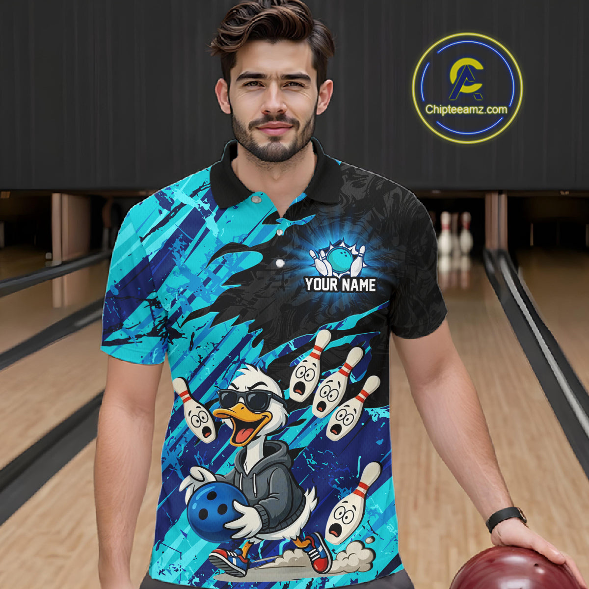 Cyan Funny Duck Bowling Shirt for Men Custom Bowling Team Jersey Bowling League Polo & Quarter-Zip QZT944