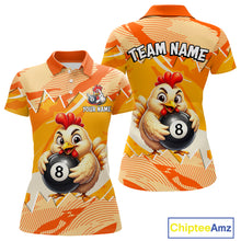 Load image into Gallery viewer, Two polo shirts with a chicken holding a pool ball design on an orange and yellow background, featuring 'Chiptee Amz' branding.