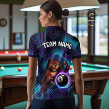 Load image into Gallery viewer, Person wearing a shirt with a bear holding a pool ball design in a billiards room.