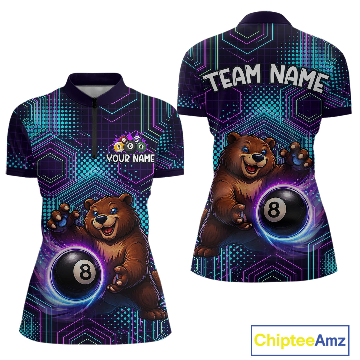 Customizable quarter-zip shirt with bear and pool ball design, featuring 'Your Name' and 'Team Name' text fields.