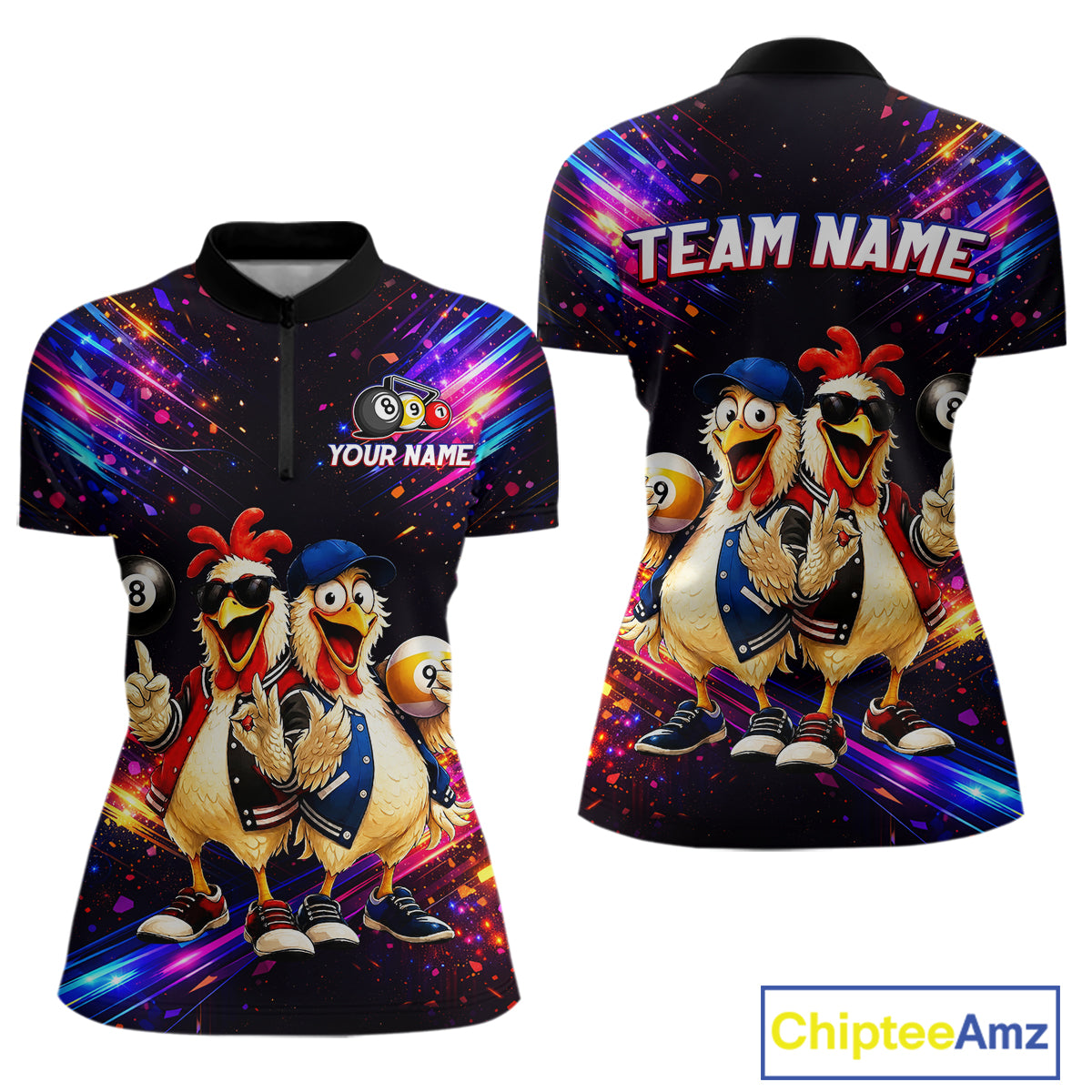 Custom Neon Funny Chicken Billiard Shirt for Women Colorful 8 Ball & 9 Ball Shirt Buddy Billiard Jersey BHT43
