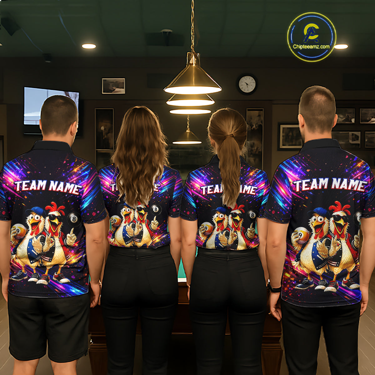 Custom Neon Funny Chicken Billiard Shirt for Men Colorful 8 Ball & 9 Ball Shirt Buddy Billiard Jersey BHT43