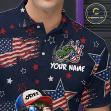 Load image into Gallery viewer, Custom American Flag Alligator Bowling Shirt for Men Patriotic Bowling Jersey Polo &amp; 1/4-Zip QZT1029