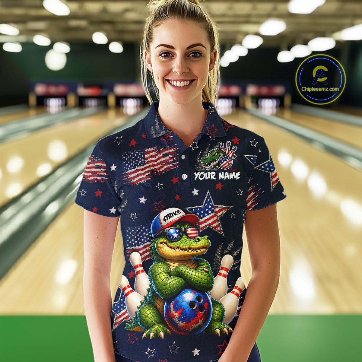 Custom American Flag Alligator Bowling Shirt for Women Patriotic Bowling Jersey Polo & 1/4-Zip QZT1029