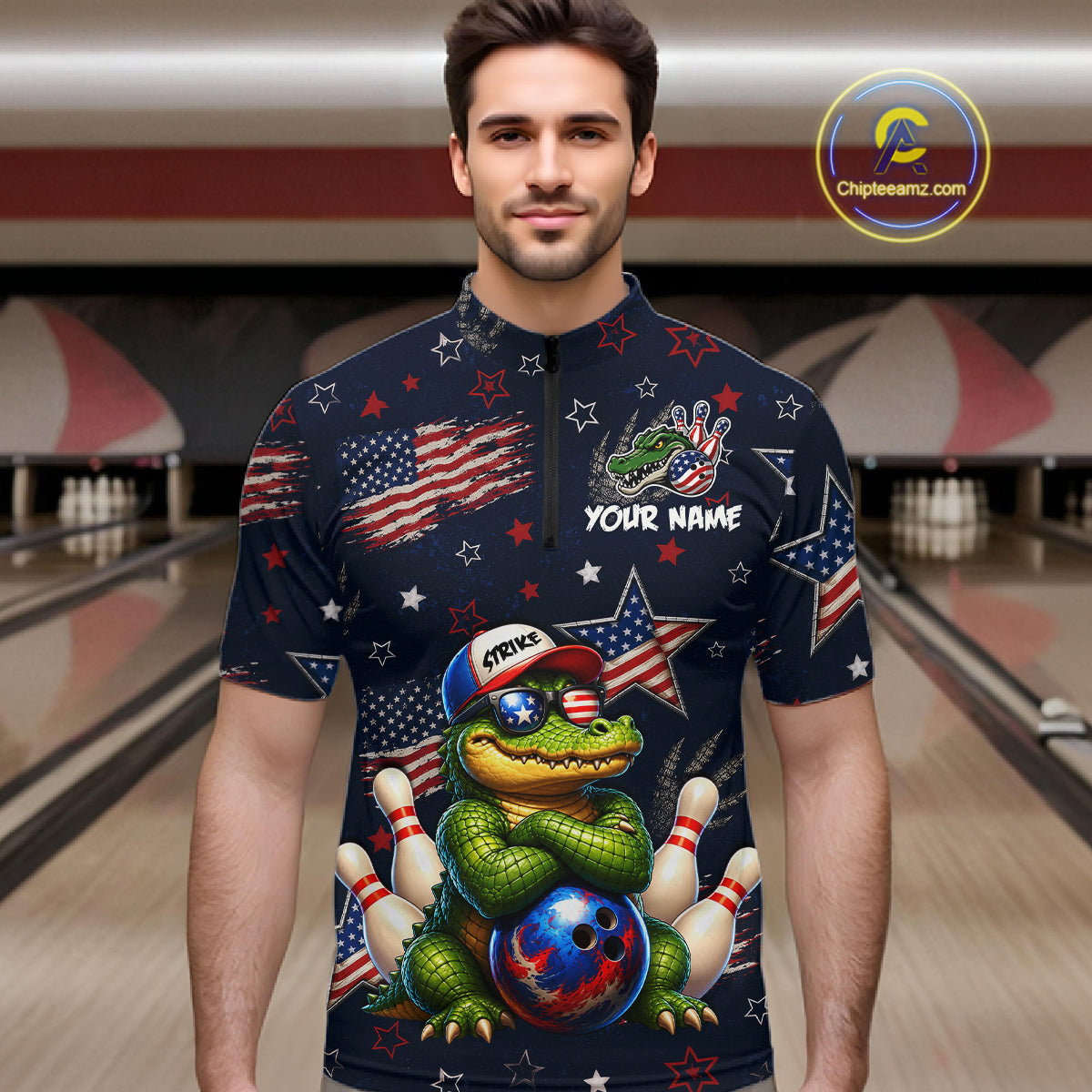 Custom American Flag Alligator Bowling Shirt for Men Patriotic Bowling Jersey Polo & 1/4-Zip QZT1029