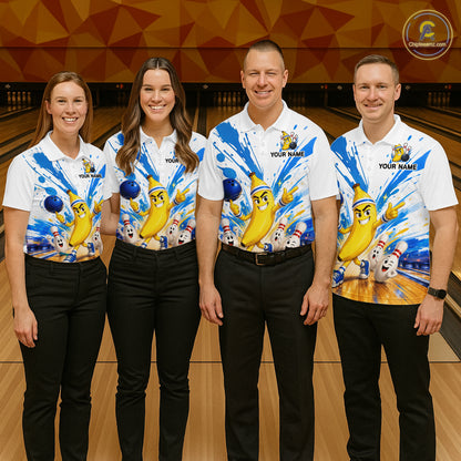Custom Blue & White Funny Banana Bowling Team Shirt for Women Bowling Jersey Outfit Polo & Quarter-Zip QZT1098
