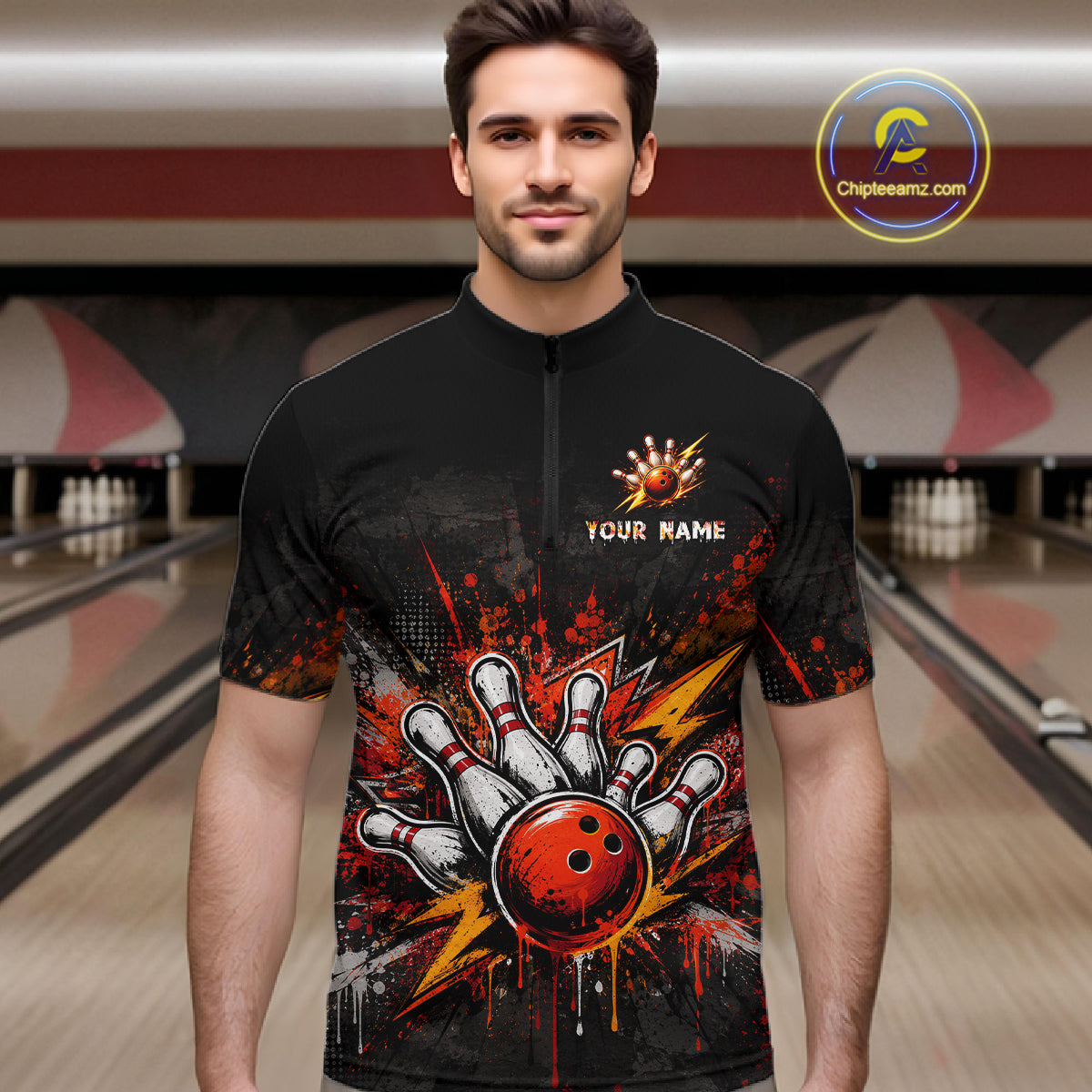 A man wearing a black short-sleeve zip-up cycling jersey with a bowling-themed graphic print featuring a red bowling ball, white bowling pins, and orange/yellow paint splatters. The jersey has a placeholder text 'YOUR NAME' on the chest.