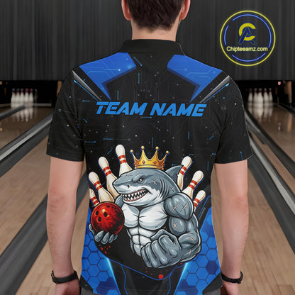 Custom Blue Funny Shark Bowling Team Shirt Bowling Jersey for Men Polo & Quarter-Zip QZT949