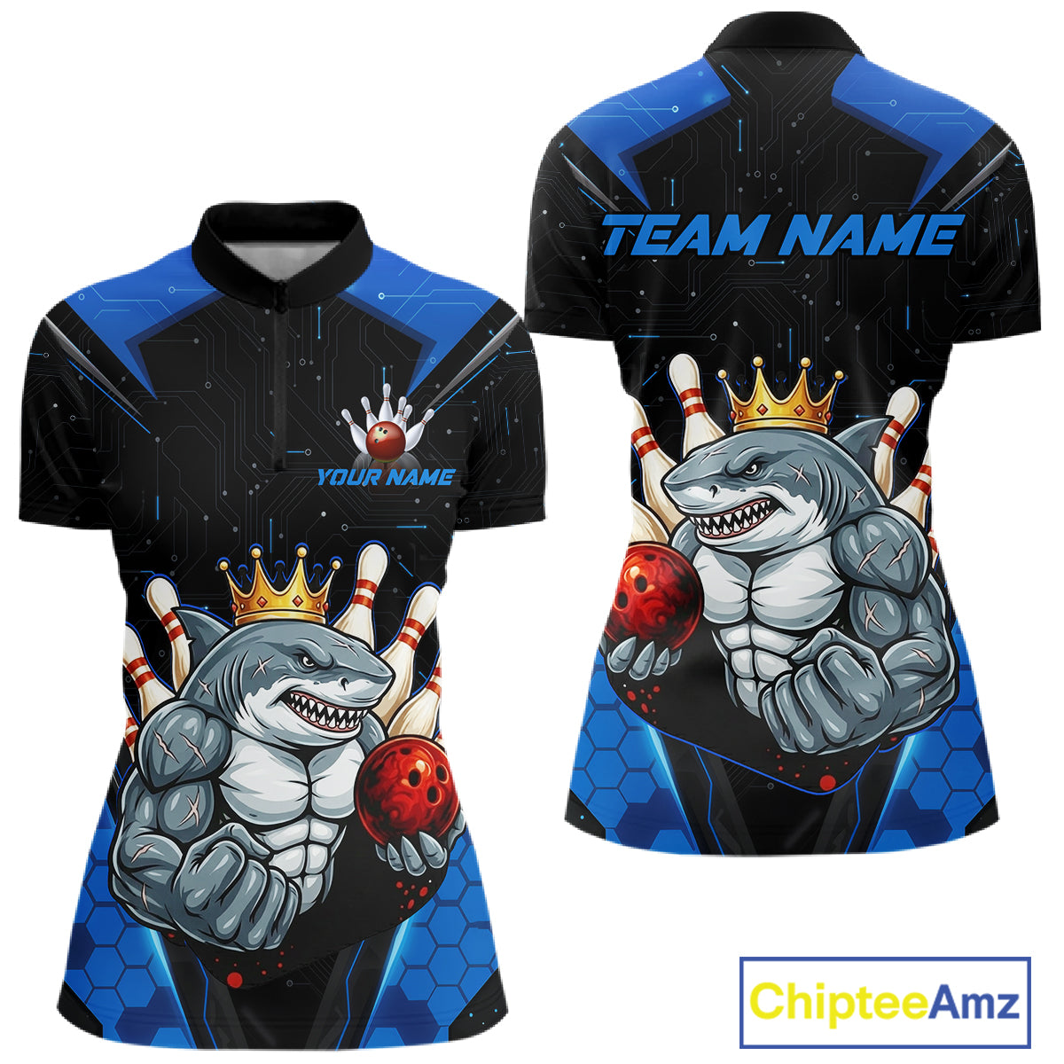 Custom Blue Funny Shark Bowling Team Shirt Bowling Jersey for Women Polo & Quarter-Zip QZT949