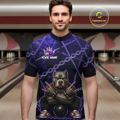 Man wearing custom purple cool pit bull bowling 1/4 zip shirt, front view mockup, personalized bowling league jersey.