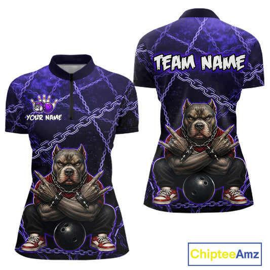 Custom purple cool pit bull  bowling quarter-zip shirt, front and back views, bowling league jersey for women
