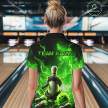 Load image into Gallery viewer, Person wearing a green bowling-themed shirt with 'TEAM NAME' text in a bowling alley.