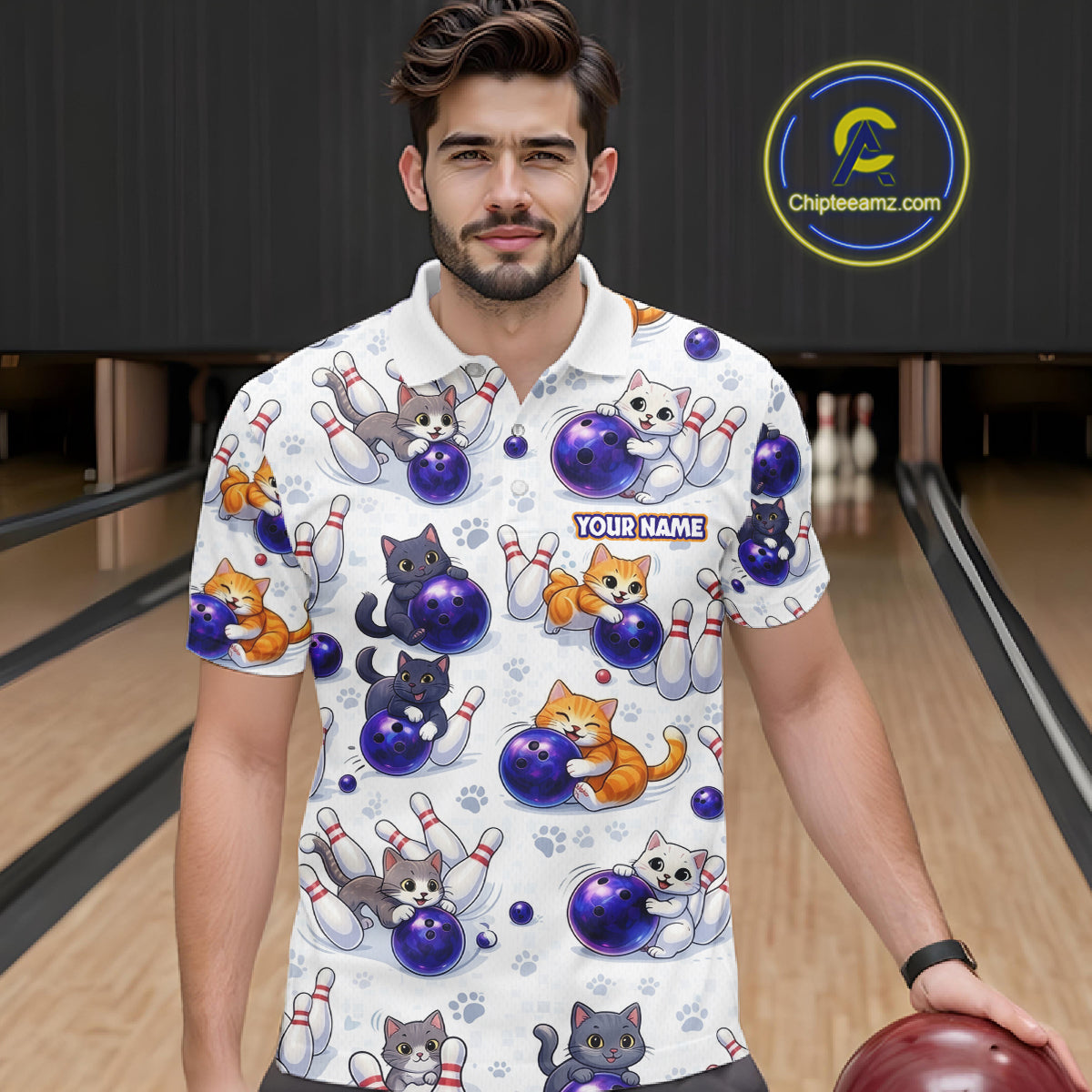 Custom Funny Cat Pattern Bowling Shirt Bowling Jersey League Polo & 1/4Zip Bowling Team for Men QZT951