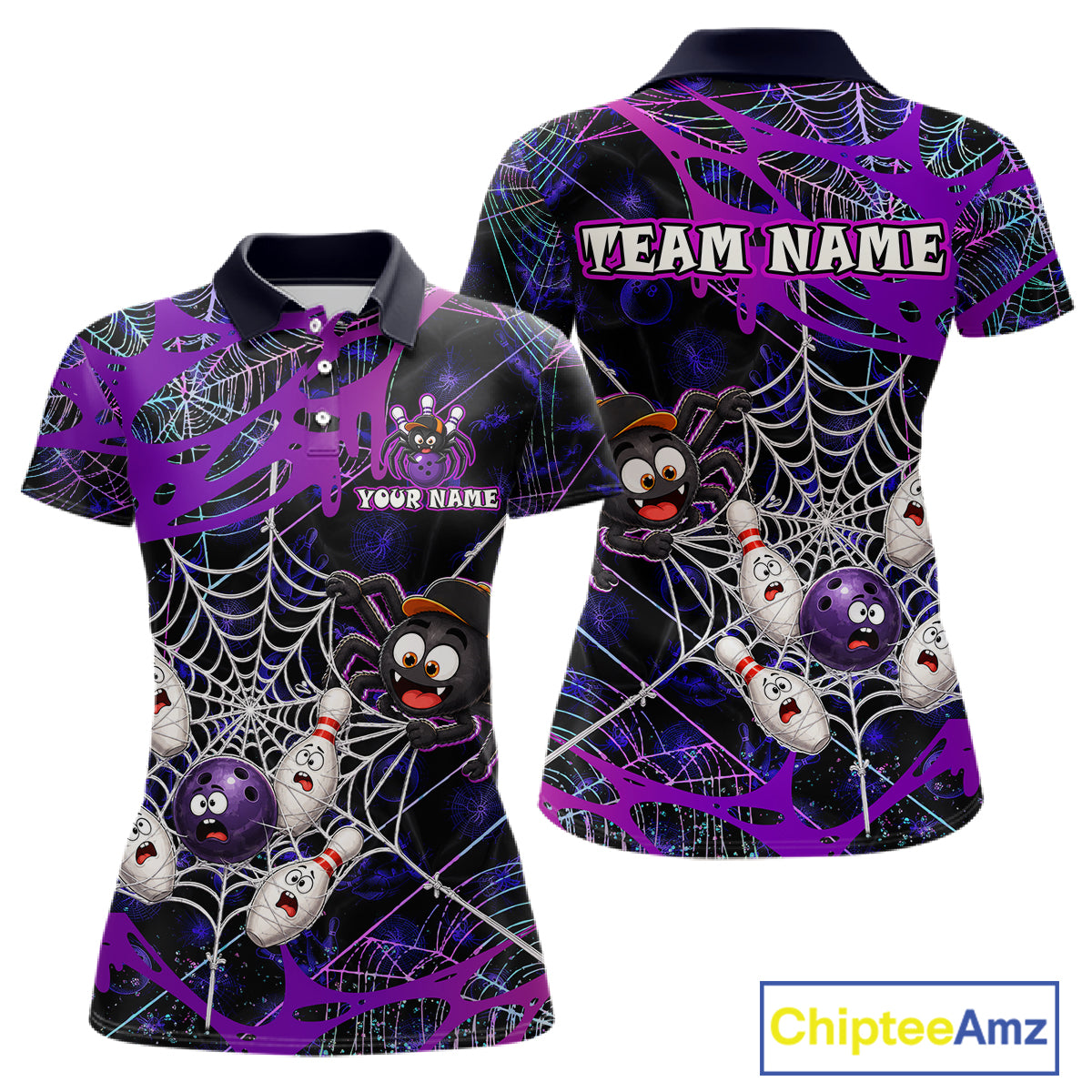 Custom purple funny spider bowling polo shirt, front and back views, bowling league jersey for women