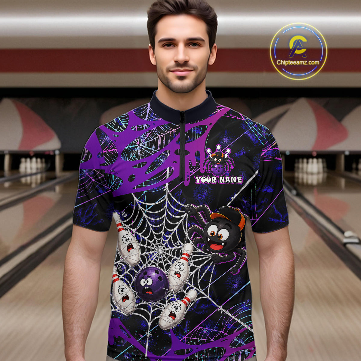  Man wearing custom purple funny spider bowling 1/4 zip shirt, front view mockup, personalized bowling league jersey.