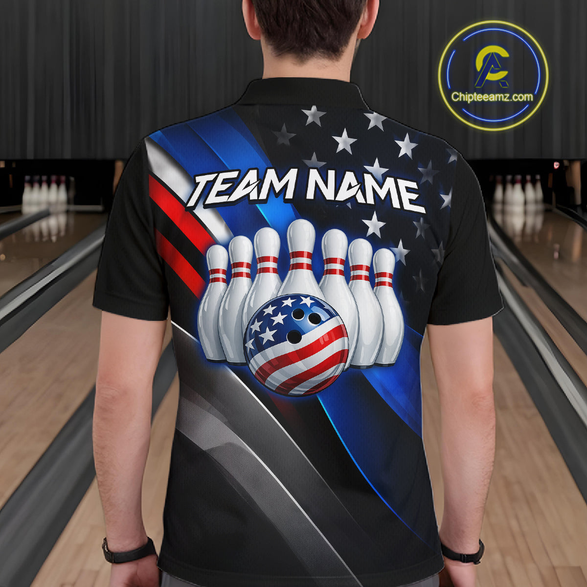 Man wearing custom American Flag  bowling polo shirt, back view mockup with team name design.