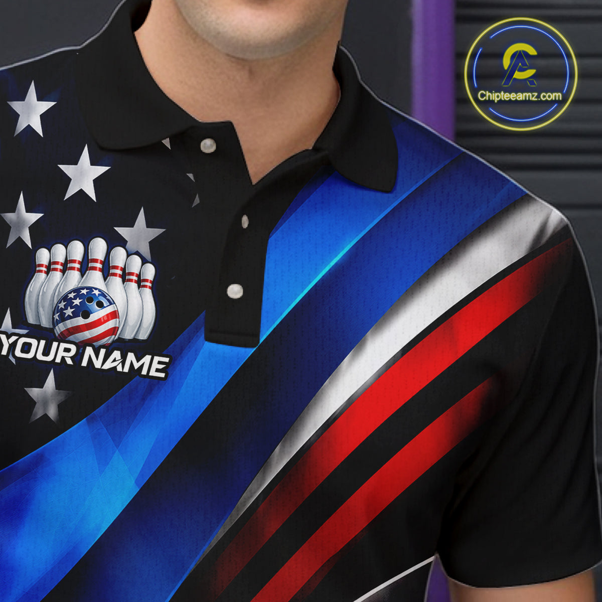 Close-up collar view of custom American Flag  [theme/design] bowling polo shirt with personalized name detail.