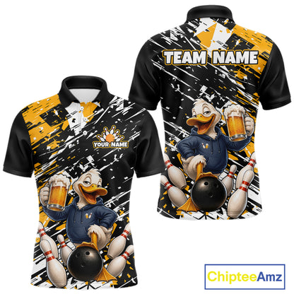 Front and back views of a custom short-sleeve polo shirt featuring a cartoon duck bowling theme. The shirt has a black base with yellow and white abstract brushstroke patterns, a large graphic of the bowling duck holding beer mugs and a bowling ball, and customizable text areas reading 'TEAM NAME' on the back and 'YOUR NAME' on the front.