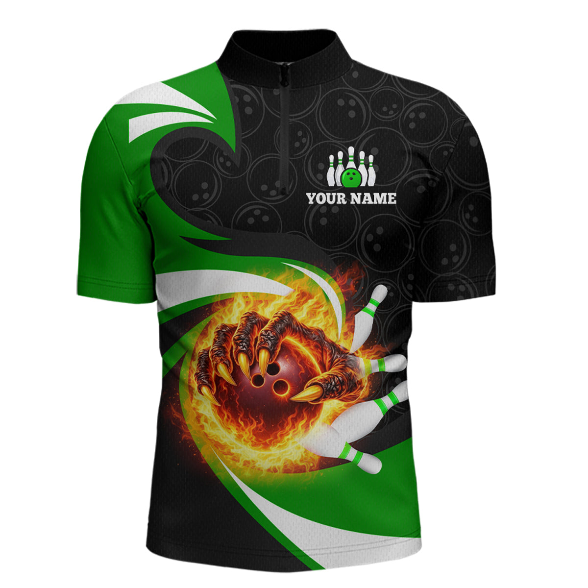 Personalized Green Flame Demon Hand Bowling Shirt for Men Bowling Outfit Polo & Quarter-Zip Bowling Jersey QZT867