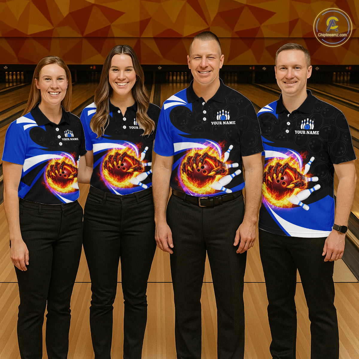 Personalized Blue Flame Demon Hand Bowling Shirt for Men Bowling Outfit Polo & Quarter-Zip Bowling Jersey QZT867