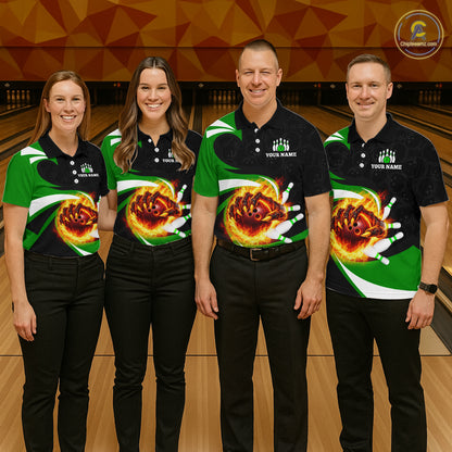 Personalized Green Flame Demon Hand Bowling Shirt for Women Bowling Outfit Polo & Quarter-Zip Bowling Jersey QZT867
