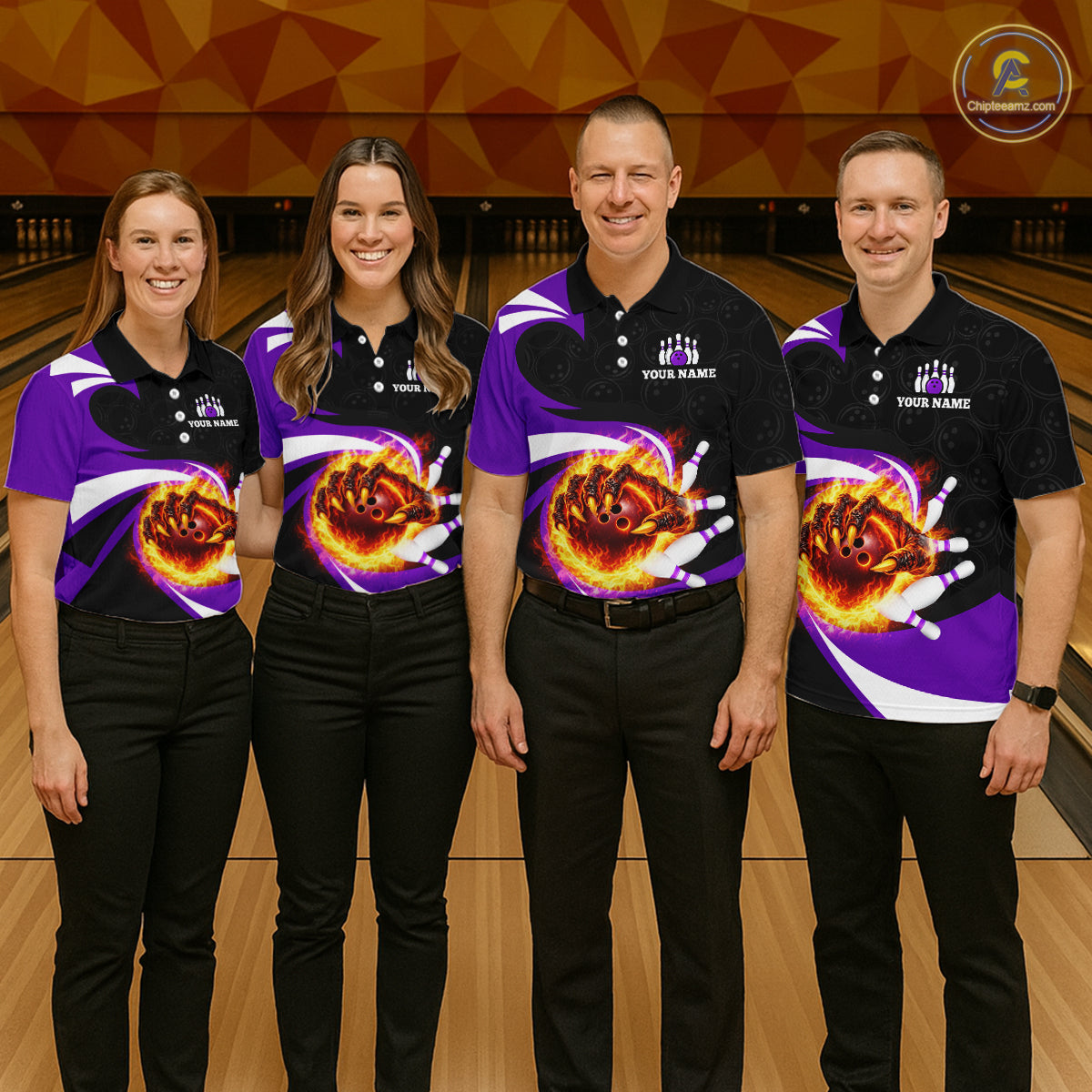 Personalized Purple Flame Demon Hand Bowling Shirt for Women Bowling Outfit Polo & Quarter-Zip Bowling Jersey QZT867