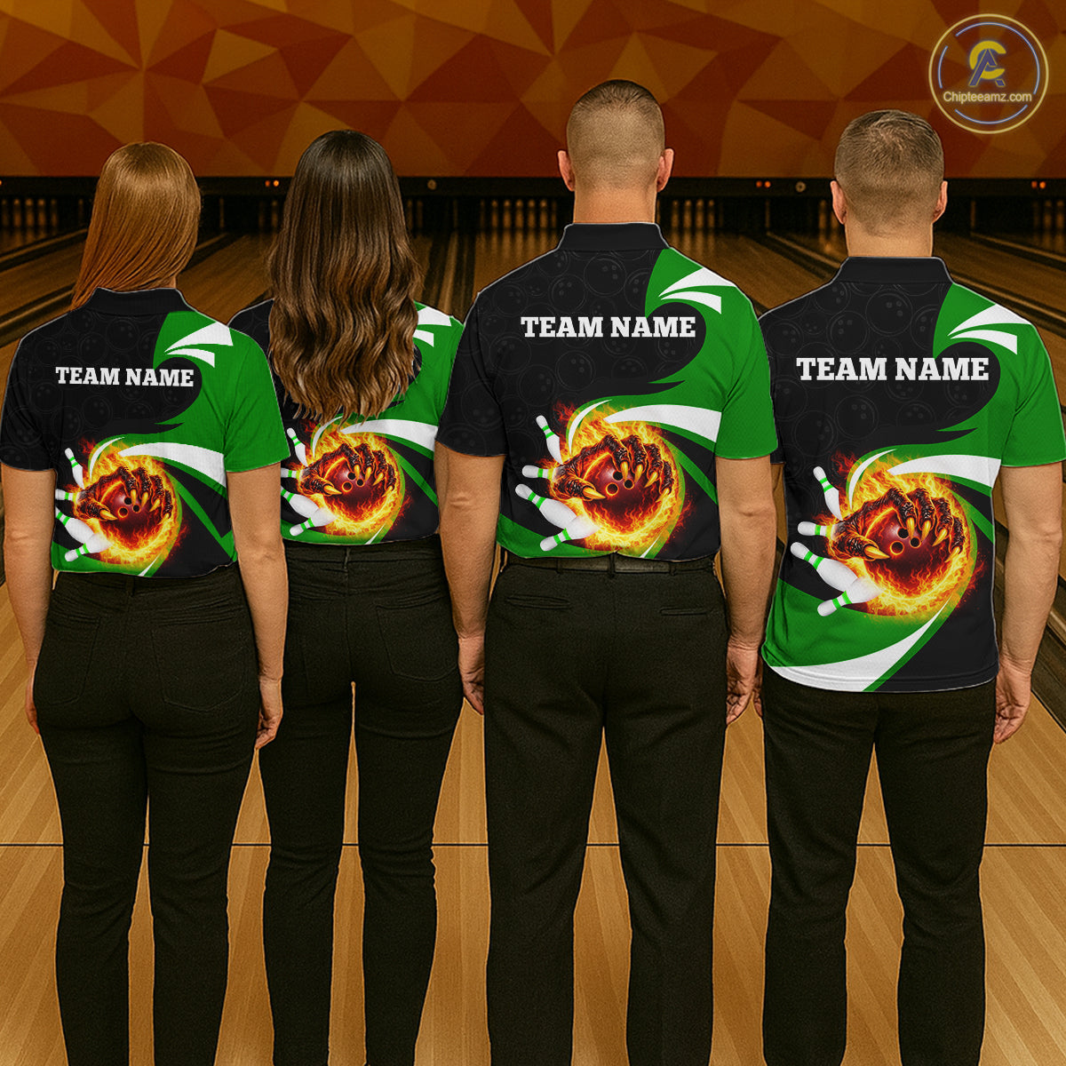 Personalized Green Flame Demon Hand Bowling Shirt for Women Bowling Outfit Polo & Quarter-Zip Bowling Jersey QZT867