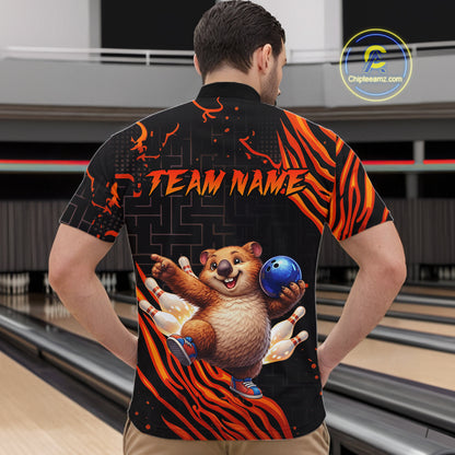 Orange Funny Wombat Bowling Shirt for Men Custom Bowling Jersey Polo & Quarter-Zip Bowling Outfit  QZT923