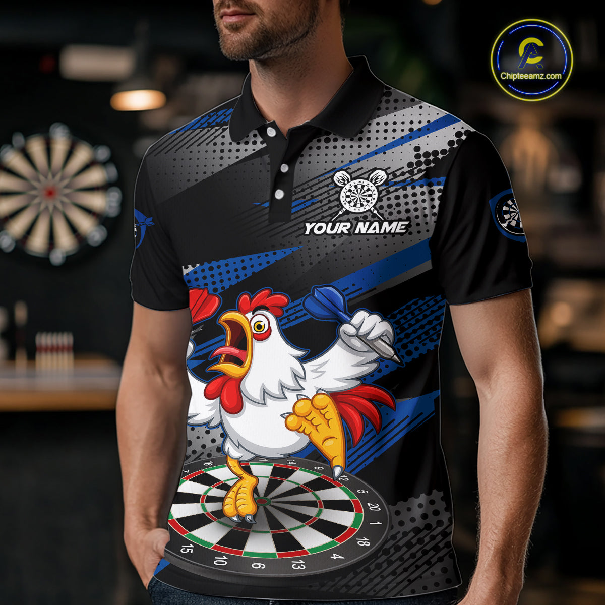 Custom Blue Funny Chicken Dart Shirt for Men Dartboard Team Jersey Polo & Quarter-Zip DHT38