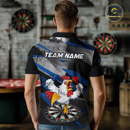 Custom Blue Funny Chicken Dart Shirt for Men Dartboard Team Jersey Polo & Quarter-Zip DHT38