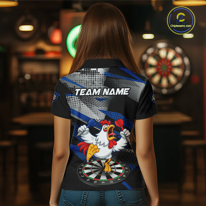 Custom Blue Funny Chicken Dart Shirt for Women Dartboard Team Jersey Polo & Quarter-Zip DHT38