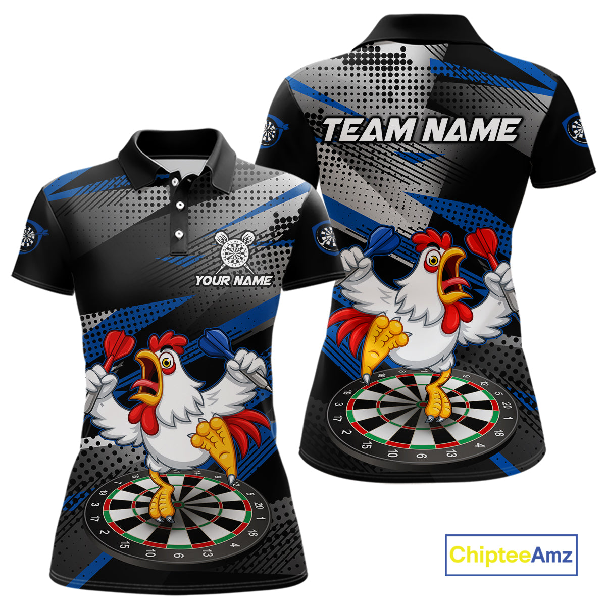 Custom Blue Funny Chicken Dart Shirt for Women Dartboard Team Jersey Polo & Quarter-Zip DHT38