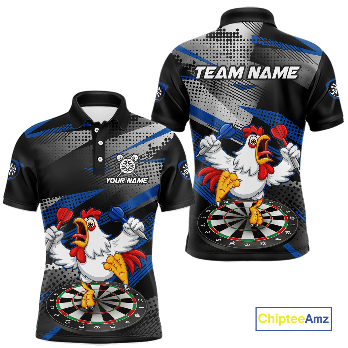 Custom Blue Funny Chicken Dart Shirt for Men Dartboard Team Jersey Polo & Quarter-Zip DHT38