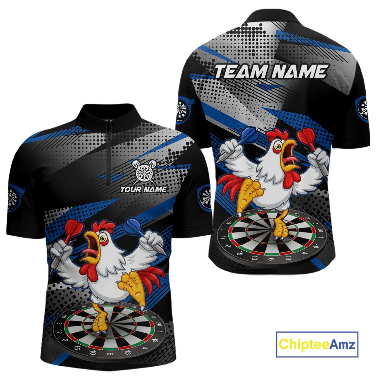 Custom Blue Funny Chicken Dart Shirt for Men Dartboard Team Jersey Polo & Quarter-Zip DHT38