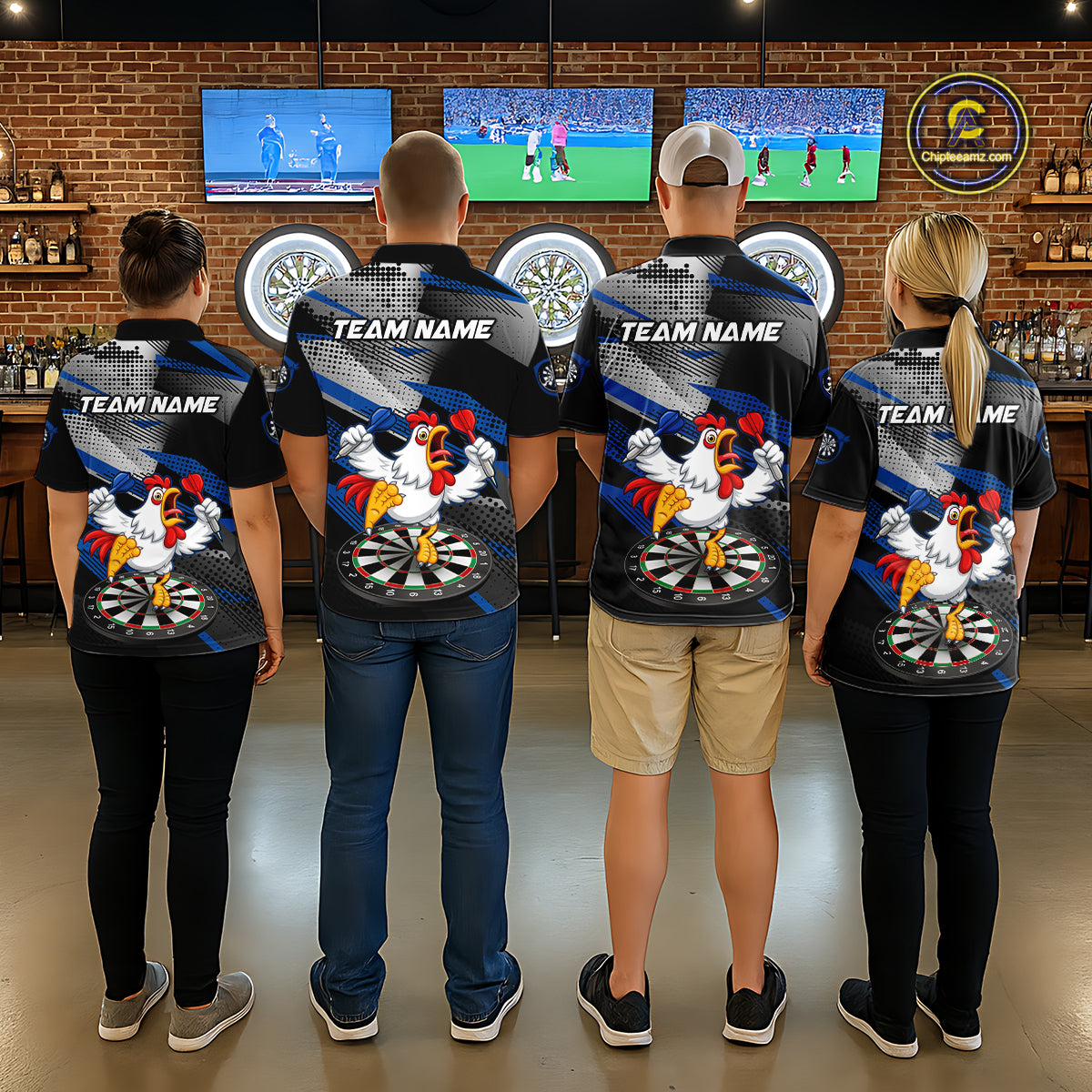 Custom Blue Funny Chicken Dart Shirt for Men Dartboard Team Jersey Polo & Quarter-Zip DHT38