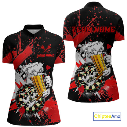 Custom short-sleeve quarter-zip jersey shown from the front and back, featuring a black base with red paint splatters and a cartoon dartboard character holding a beer mug. Includes customizable text placeholders 'YOUR NAME' and 'TEAM.