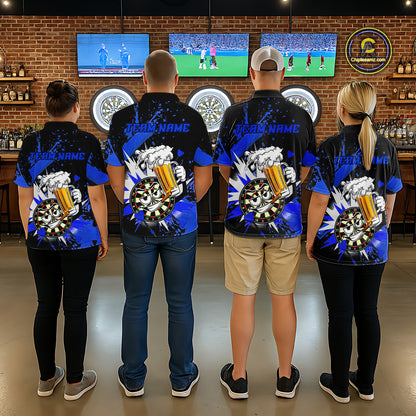 Four people standing with their backs to the camera in a bar-like environment, wearing matching black and blue custom graphic t-shirts with a skull and beer design on the back and 'TEAM NAME' printed on the front.