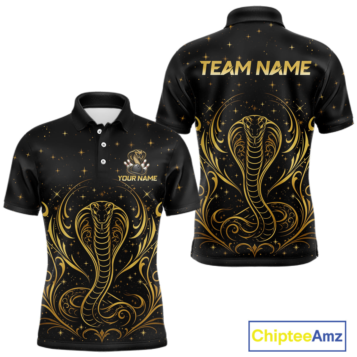 Custom black & gold cobra bowling polo shirt, front and back views, bowling league jersey for men