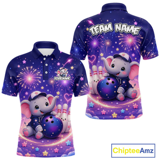 Custom funny elephant firework bowling polo shirt, front and back views, bowling league jersey for men