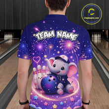 Load image into Gallery viewer, Man wearing custom funny elephant firework bowling polo shirt, back view mockup, personalized bowling league jersey.