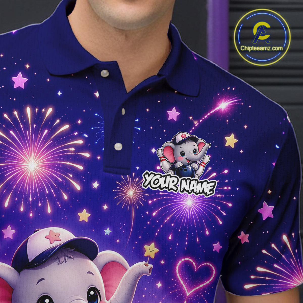 Close-up collar view of custom funny elephant firework bowling polo shirt with personalized name detail.
