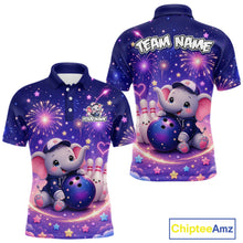 Load image into Gallery viewer, Custom funny elephant firework bowling polo shirt, front and back views, bowling league jersey for men