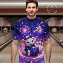Load image into Gallery viewer, Man wearing custom funny elephant firework bowling 1/4 zip shirt, front view mockup, personalized bowling league jersey.