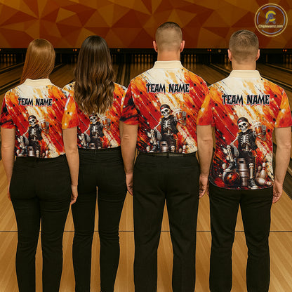 Bowling team wearing custom orange skeleton & beer bowling shirts, group back view mockup, personalized team jerseys.