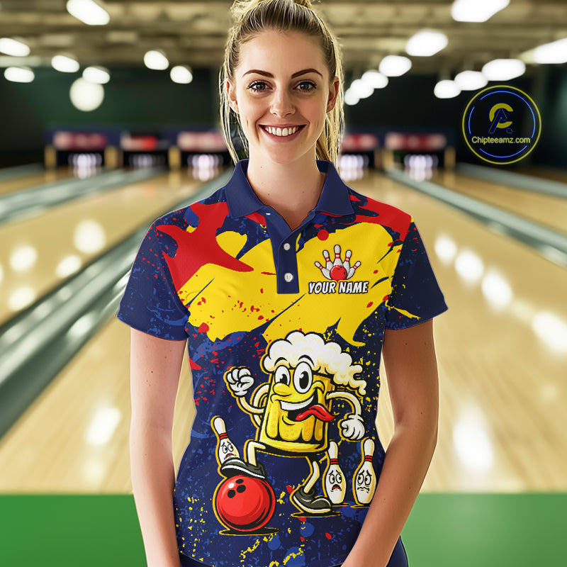 Red & Yellow Funny Beer Bowling Shirt Custom Navy Bowling Jersey for Women Bowling Team QZT811