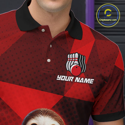 Red Funny Sloth Bowling Shirt for Men Custom Bowling Jersey Polo & Quarter-Zip Bowling Outfit QZT995