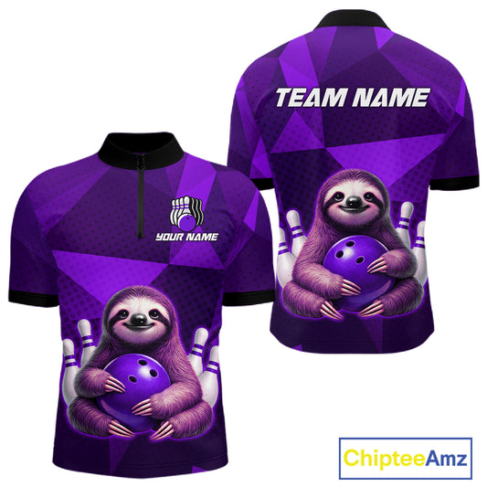 Purple Funny Sloth Bowling Shirt for Men Custom Bowling Jersey Polo & Quarter-Zip Bowling Outfit QZT995