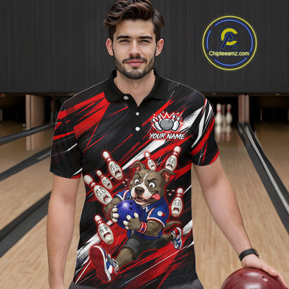 Man wearing custom red pit bull bowling polo shirt, front view mockup, personalized bowling league jersey.